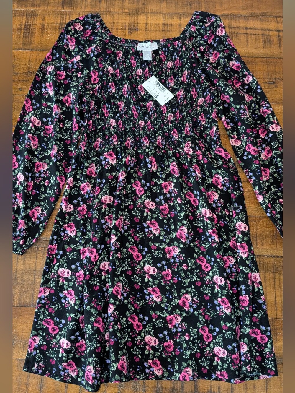 NWT Girls Floral Smocked Dress - Black with Pink Roses 7/8